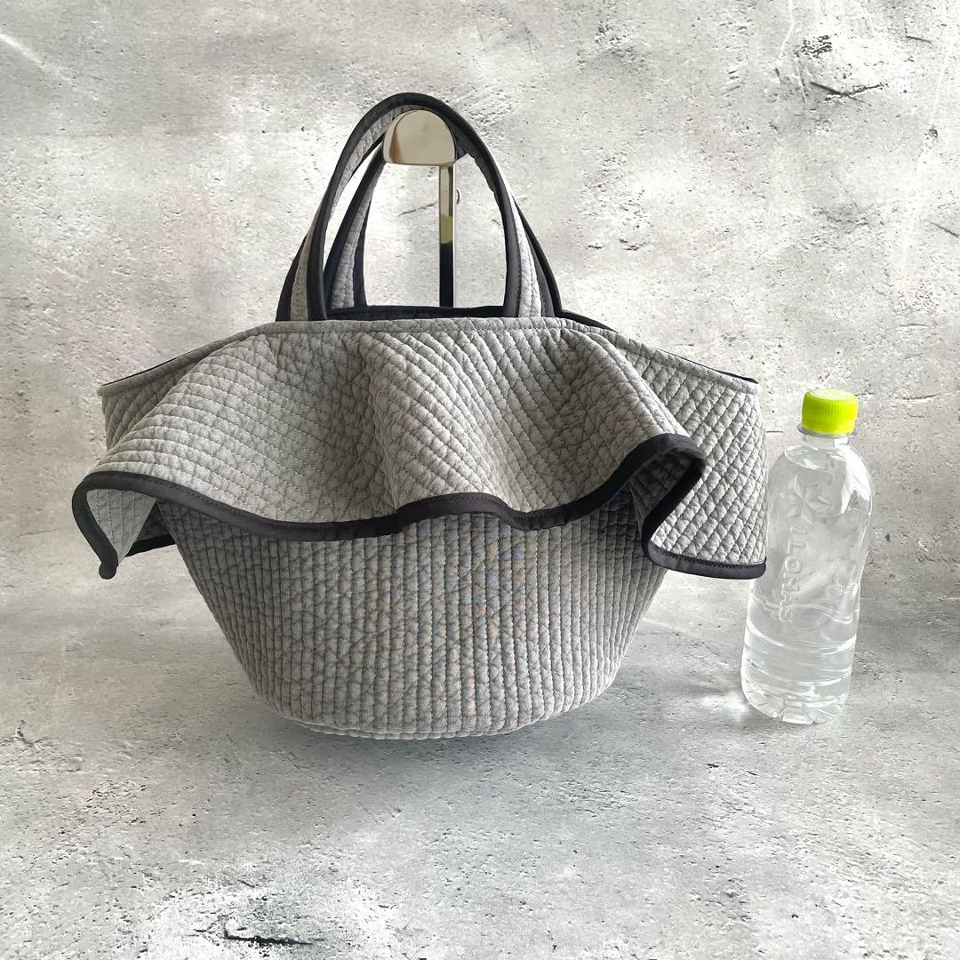 フリル付き丸底マルシェバッグ　ヌビバッグ　グレー　ハンドメイド